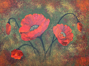 Red Poppies -Three 16"x12" Acrylic on Gallery Wrapped Archival Canvas. Media 1 of 3