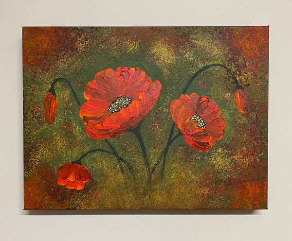 Red Poppies -Three 16"x12"  Acrylic on  Gallery Wrapped Archival Canvas.