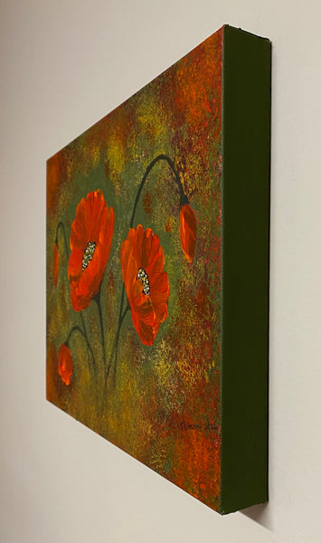 Red Poppies -Three 16"x12"  Acrylic on  Gallery Wrapped Archival Canvas.