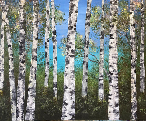 Springtime in the Birch Grove 20"x16" Acrylic on Canvas.