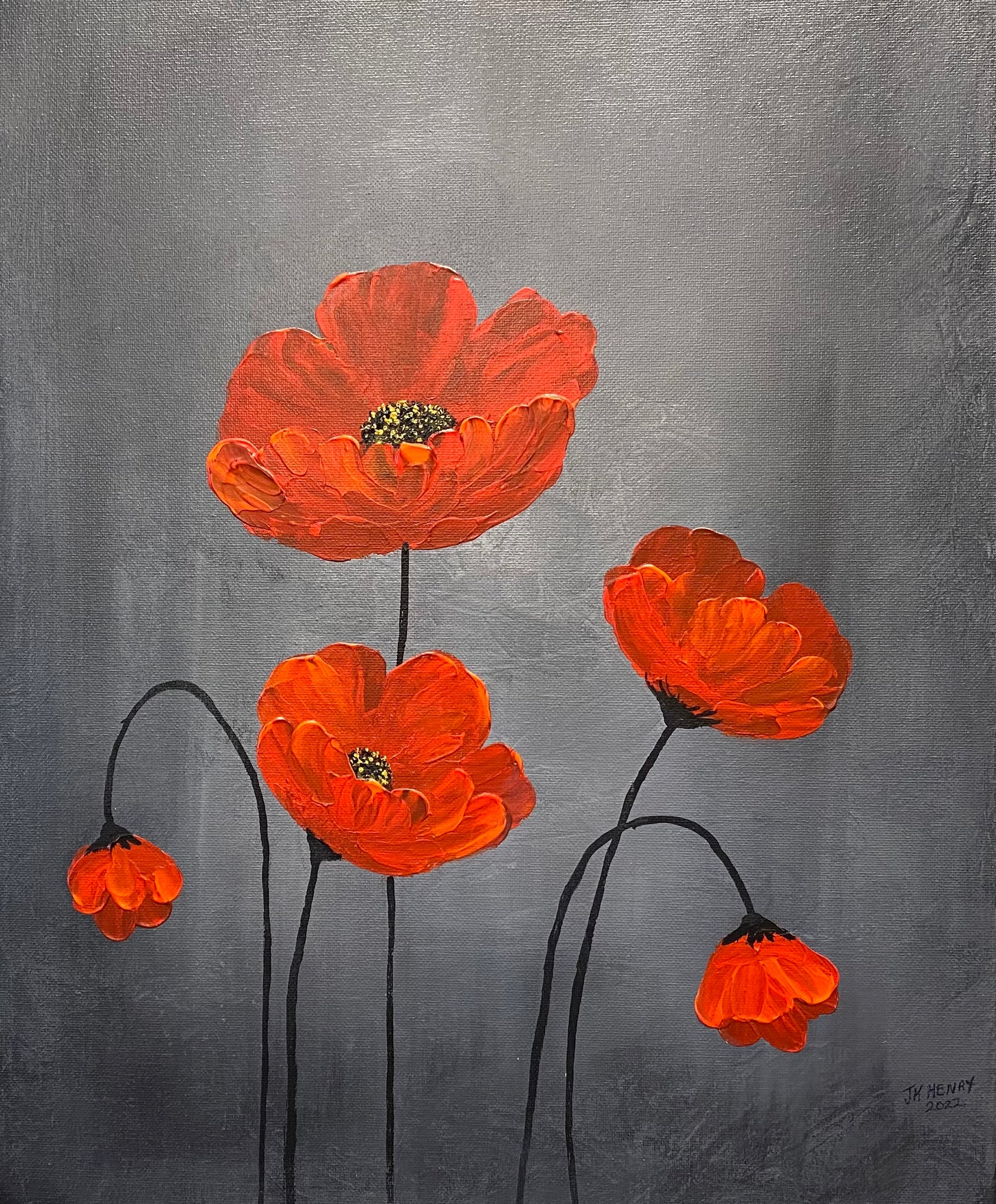 Five Red Poppies  16"x20"  Acrylic on Canvas