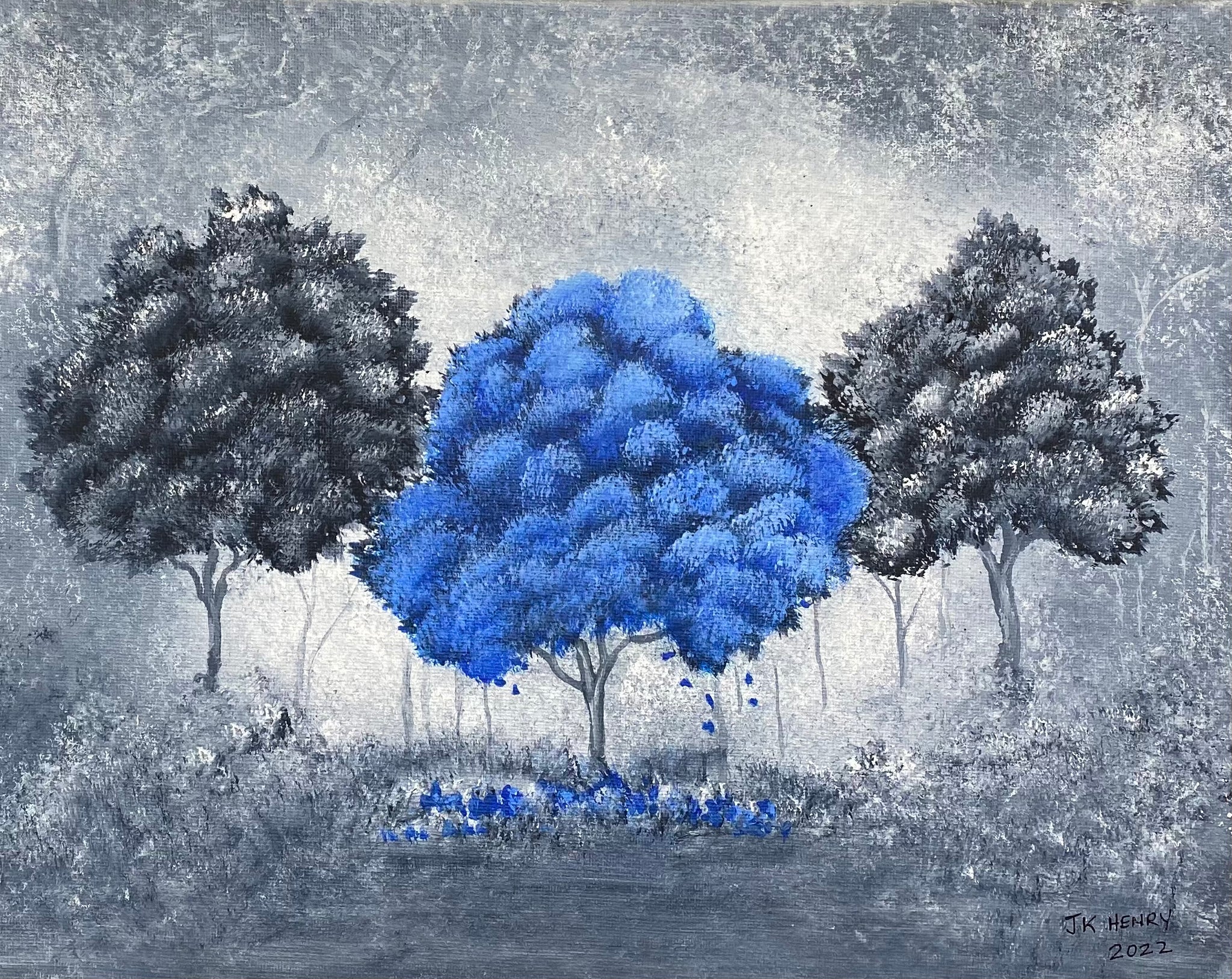 Three Trees-One Blue 14"X11"  Acrylic on Canvas