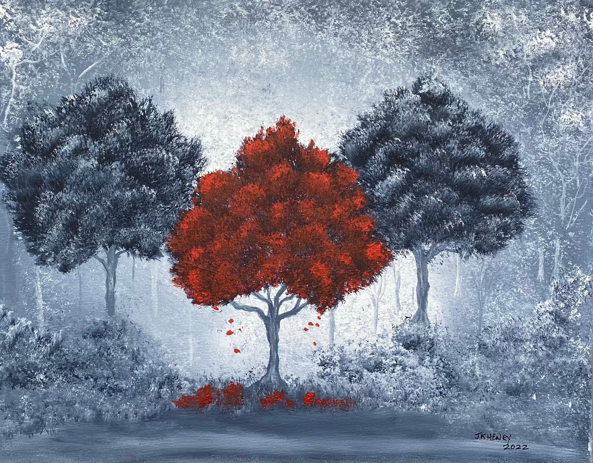 Three Trees-OneRed  14"X11"  Acrylic on Canvas