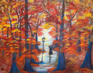 A Walk in the Autumn Rain 20"x16" Acrylic on canvas