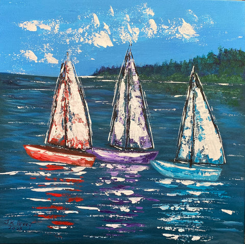 3 Sailboats in the Bay  ***SOLD***12"x 12"  acrylic on Gallery Wrapped Archival Canvas.