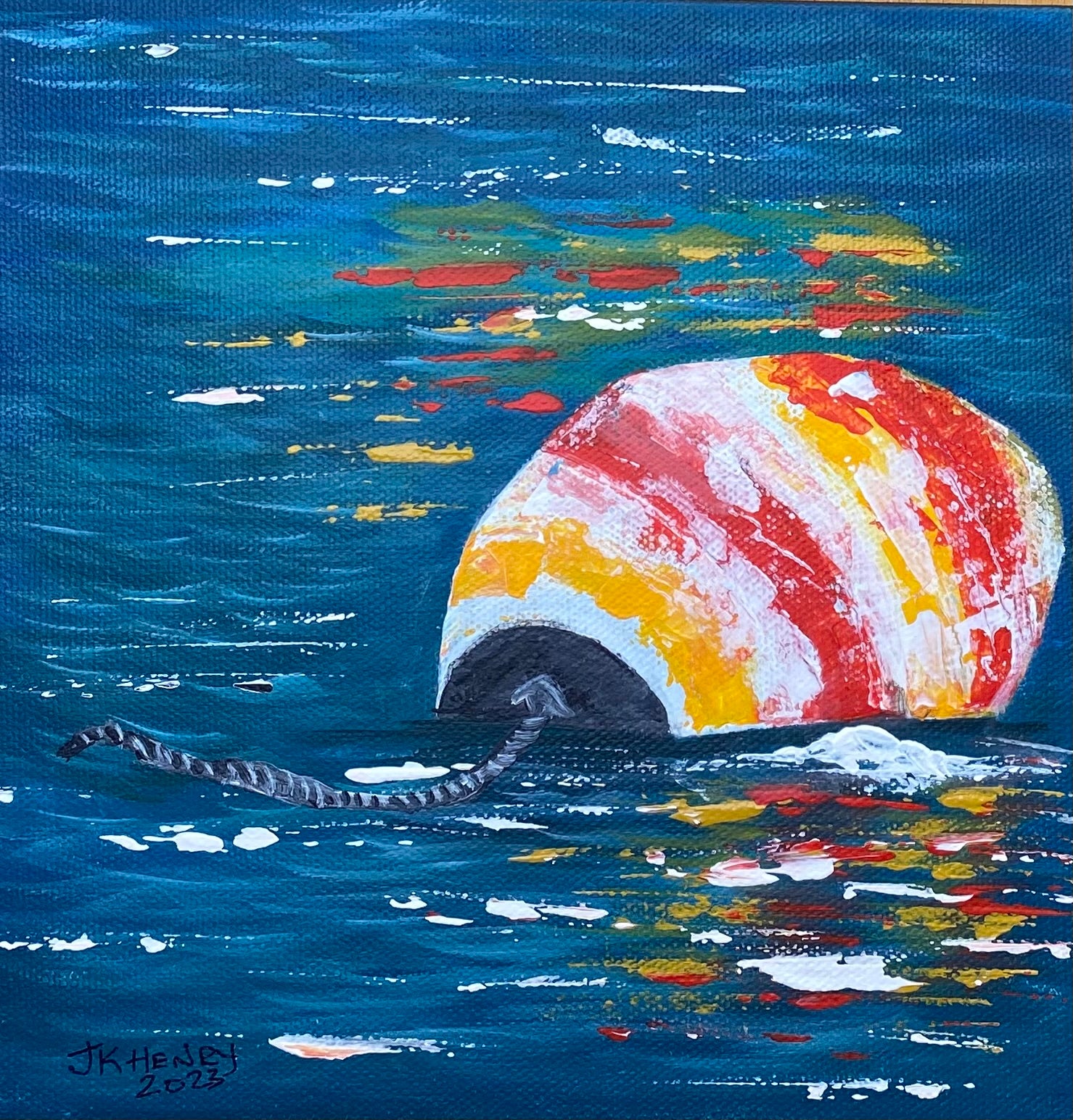 Red and Yellow Buoy in the Ocean 8"x8" Acrylic on Deep Edge Profile Archival Canvas Media 1 of 1