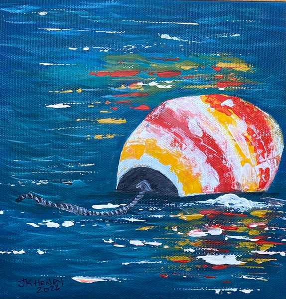 Red and Yellow Buoy in the Ocean 8"x8" Acrylic on Deep Edge Profile Archival Canvas Media 1 of 1