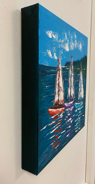 3 Sailboats in the Bay  ***SOLD***12"x 12"  acrylic on Gallery Wrapped Archival Canvas.