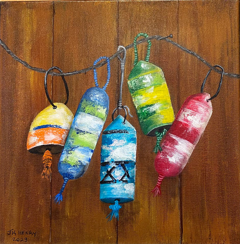 5 Buoys on the Barn Wall  12"x12"  Acrylic on stretched canvas.  