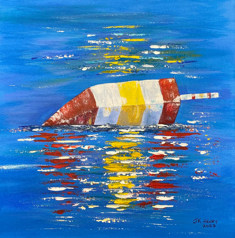 Lobster Buoy in the Ocean  12"x12"  Acrylic on stretched canvas.