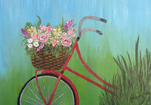 Red Bicycle and basket of flowers  11""x14" acrylic on canvas board by Crafty Art Hut