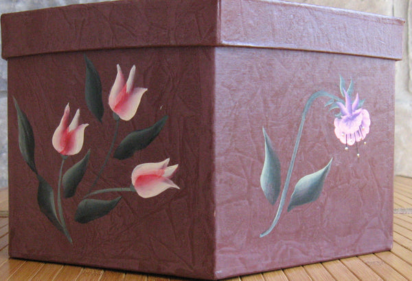 Trinket Box with pink flowers  10" wide  X 5" High  Acrylic on Board