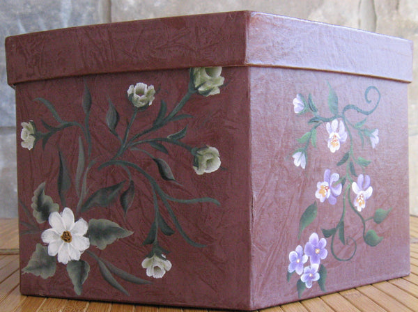 Trinket Box with pink flowers  10" wide  X 5" High  Acrylic on Board