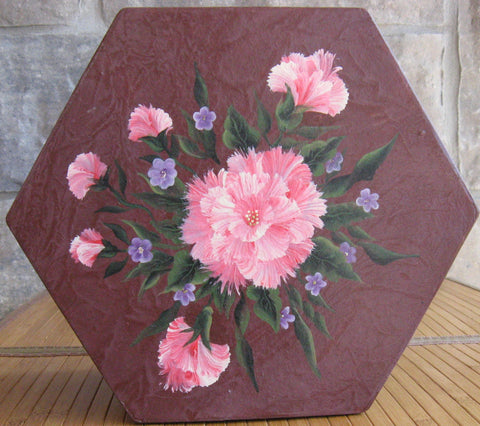 Trinket Box with Pink Folwers 10:wide x5" high Acrylic on Board by Crafty Art Hut