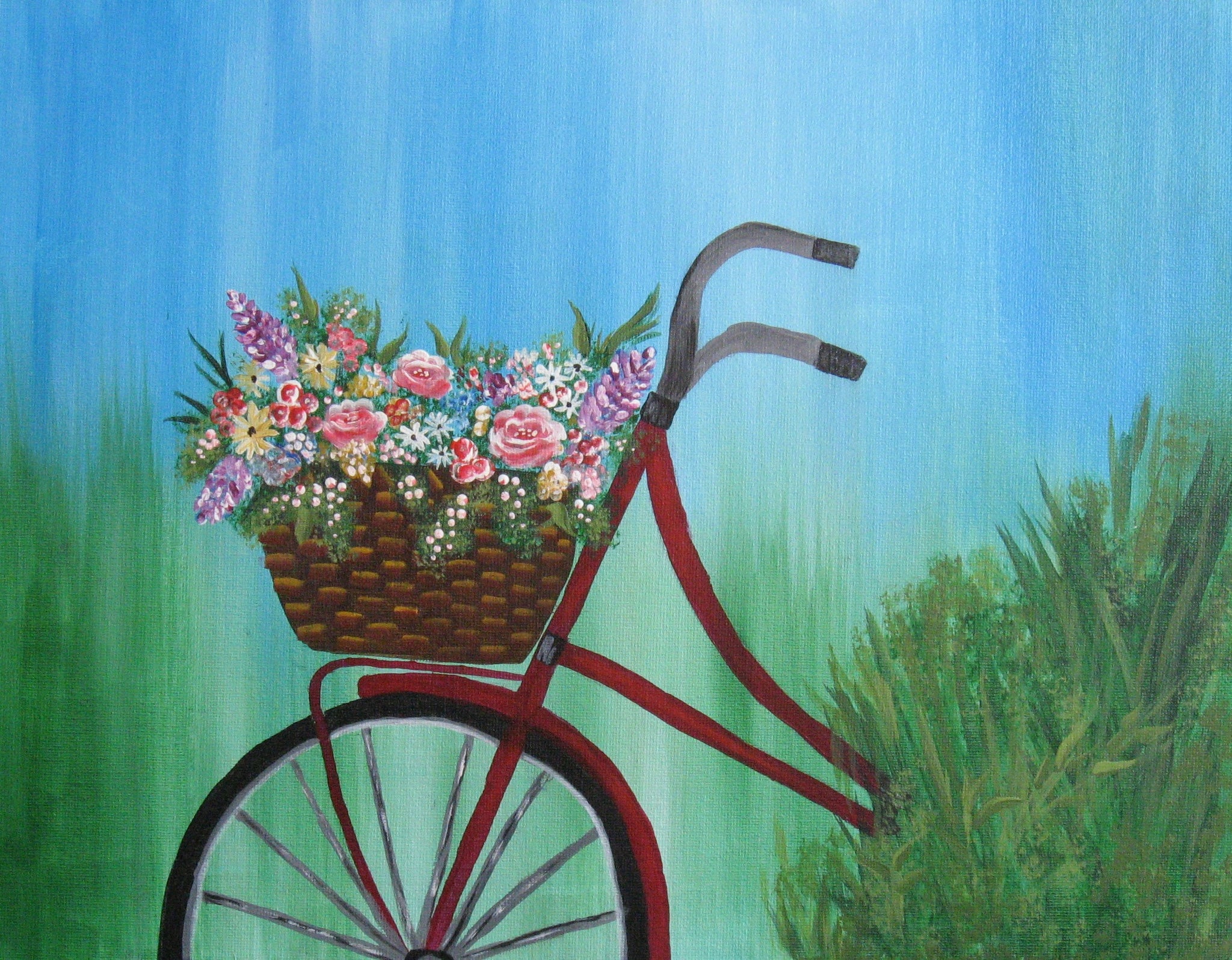 Red Bicycle and basket of flowers  11""x14" acrylic on canvas board by Crafty Art Hut